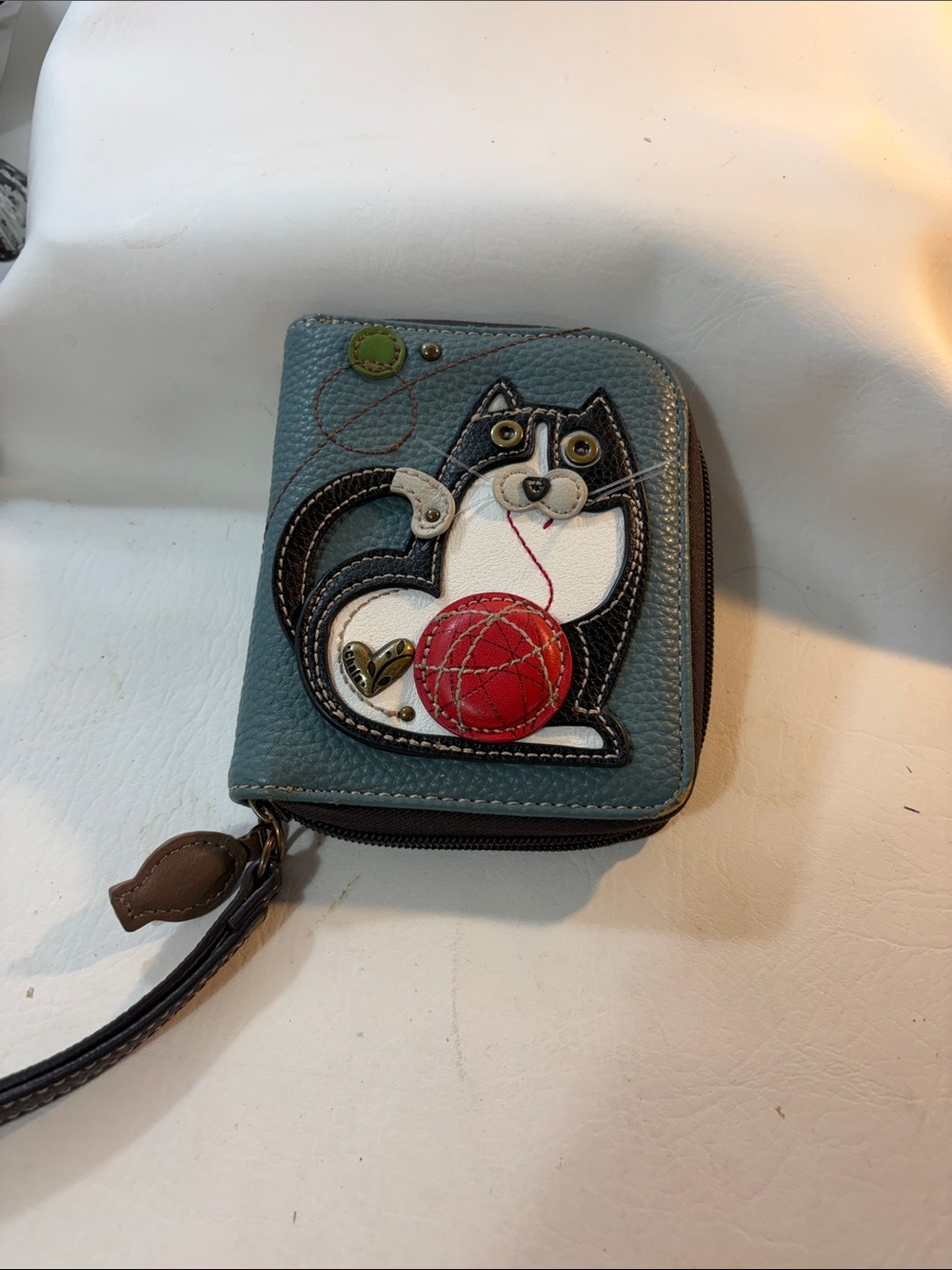 Chala Cat Applique Zip Wallet with Red leather Yarn Accent